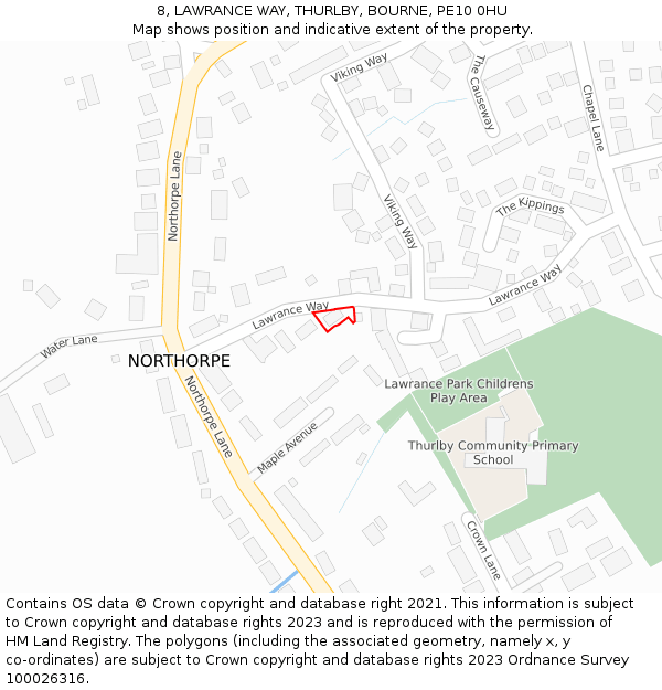 8, LAWRANCE WAY, THURLBY, BOURNE, PE10 0HU: Location map and indicative extent of plot