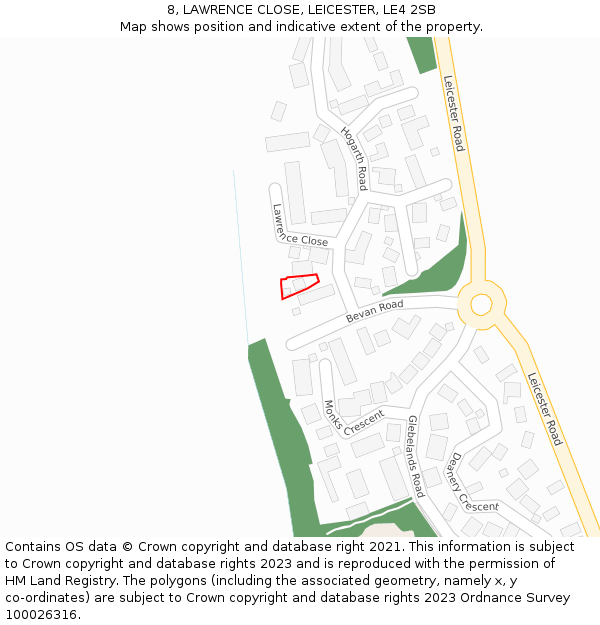 8, LAWRENCE CLOSE, LEICESTER, LE4 2SB: Location map and indicative extent of plot