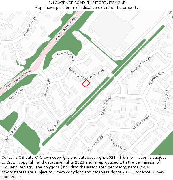 8, LAWRENCE ROAD, THETFORD, IP24 2UF: Location map and indicative extent of plot