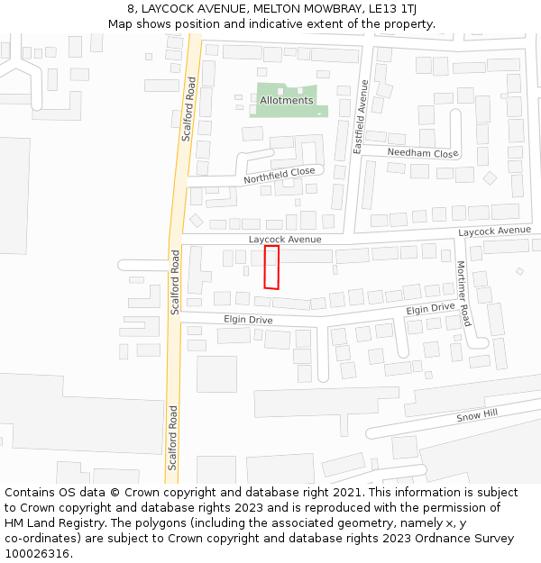 8, LAYCOCK AVENUE, MELTON MOWBRAY, LE13 1TJ: Location map and indicative extent of plot