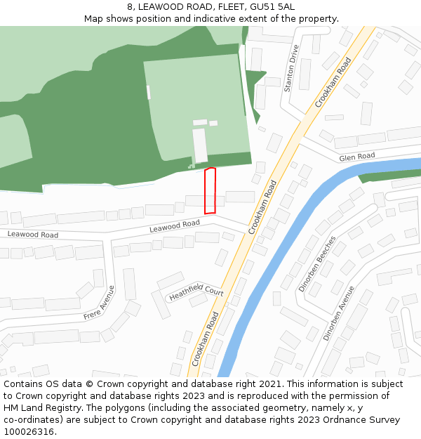 8, LEAWOOD ROAD, FLEET, GU51 5AL: Location map and indicative extent of plot