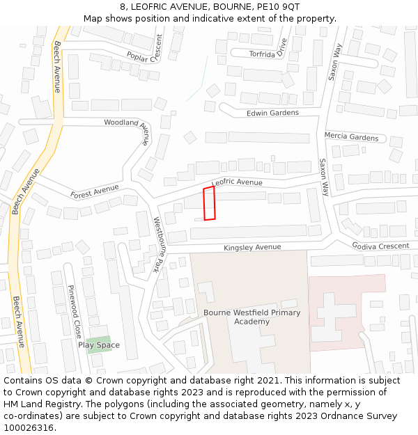 8, LEOFRIC AVENUE, BOURNE, PE10 9QT: Location map and indicative extent of plot