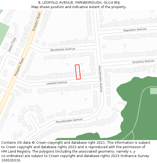 8, LEOPOLD AVENUE, FARNBOROUGH, GU14 8NJ: Location map and indicative extent of plot