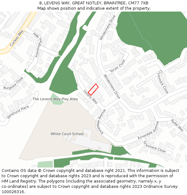 8, LEVENS WAY, GREAT NOTLEY, BRAINTREE, CM77 7XB: Location map and indicative extent of plot