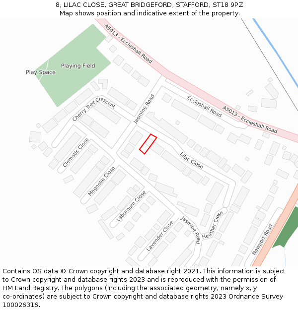 8, LILAC CLOSE, GREAT BRIDGEFORD, STAFFORD, ST18 9PZ: Location map and indicative extent of plot