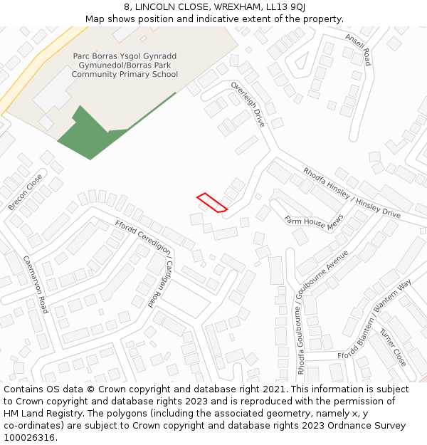 8, LINCOLN CLOSE, WREXHAM, LL13 9QJ: Location map and indicative extent of plot