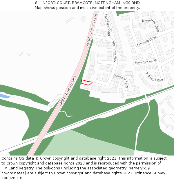 8, LINFORD COURT, BRAMCOTE, NOTTINGHAM, NG9 3ND: Location map and indicative extent of plot