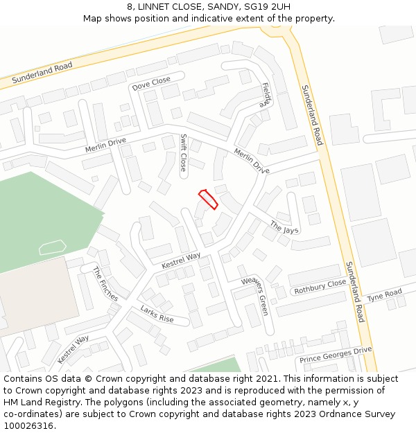 8, LINNET CLOSE, SANDY, SG19 2UH: Location map and indicative extent of plot