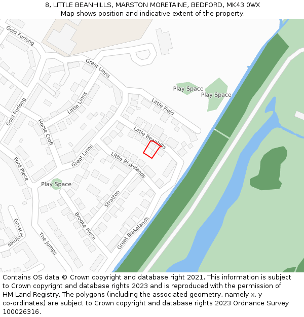 8, LITTLE BEANHILLS, MARSTON MORETAINE, BEDFORD, MK43 0WX: Location map and indicative extent of plot