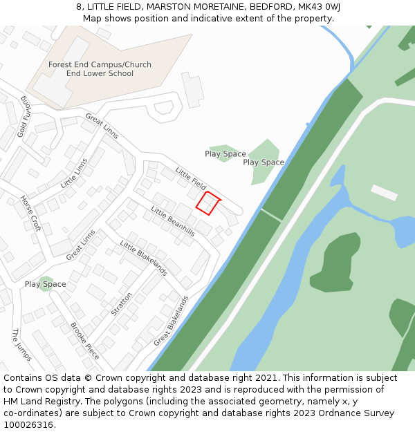 8, LITTLE FIELD, MARSTON MORETAINE, BEDFORD, MK43 0WJ: Location map and indicative extent of plot