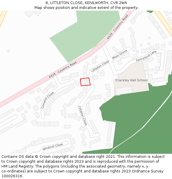 8, LITTLETON CLOSE, KENILWORTH, CV8 2WA: Location map and indicative extent of plot