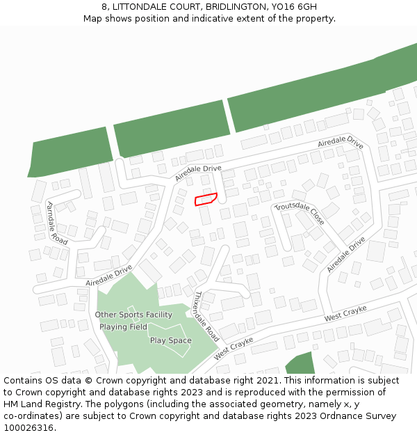 8, LITTONDALE COURT, BRIDLINGTON, YO16 6GH: Location map and indicative extent of plot