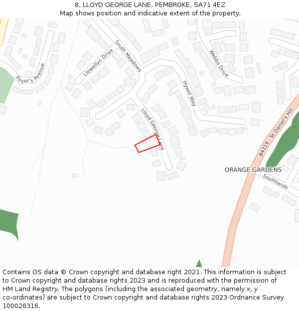 8, LLOYD GEORGE LANE, PEMBROKE, SA71 4EZ: Location map and indicative extent of plot