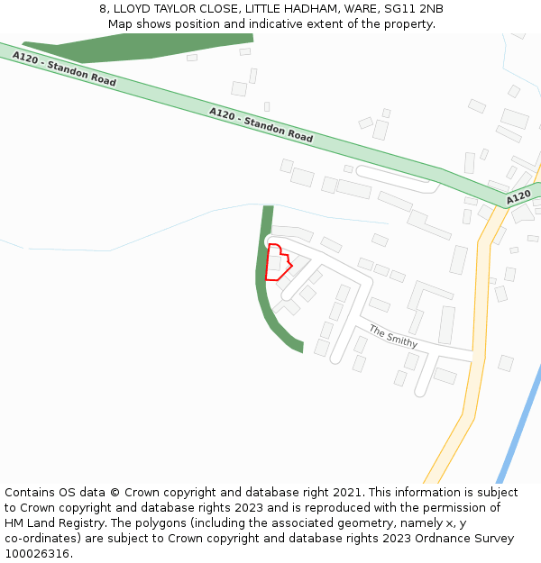 8, LLOYD TAYLOR CLOSE, LITTLE HADHAM, WARE, SG11 2NB: Location map and indicative extent of plot