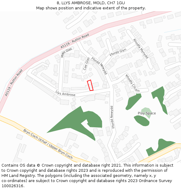 8, LLYS AMBROSE, MOLD, CH7 1GU: Location map and indicative extent of plot