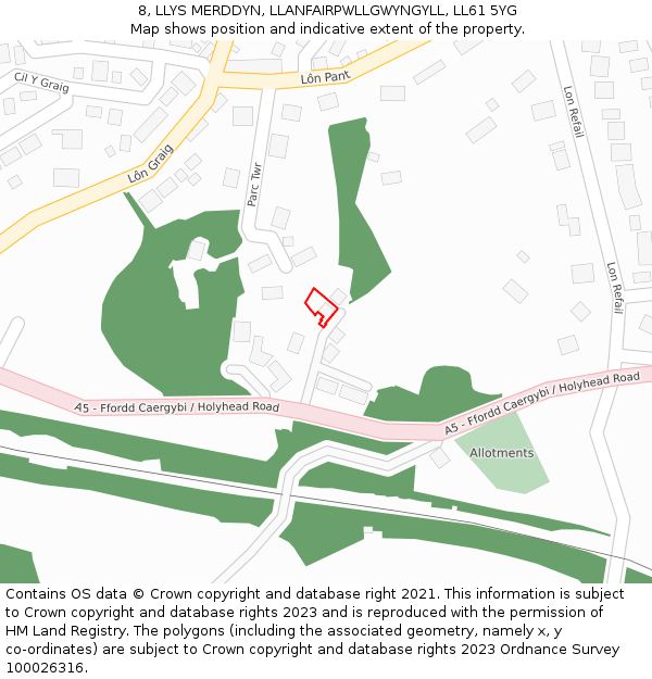 8, LLYS MERDDYN, LLANFAIRPWLLGWYNGYLL, LL61 5YG: Location map and indicative extent of plot