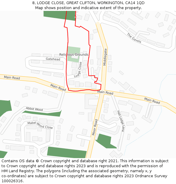 8, LODGE CLOSE, GREAT CLIFTON, WORKINGTON, CA14 1QD: Location map and indicative extent of plot