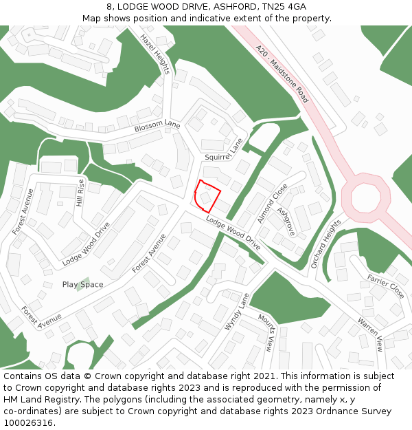 8, LODGE WOOD DRIVE, ASHFORD, TN25 4GA: Location map and indicative extent of plot