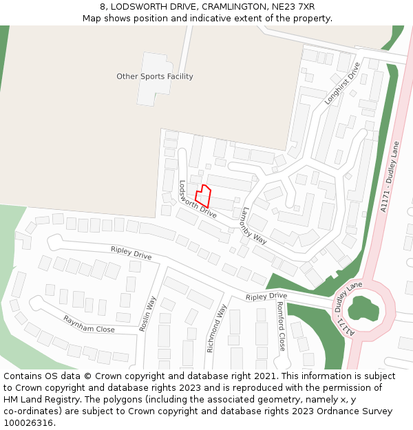 8, LODSWORTH DRIVE, CRAMLINGTON, NE23 7XR: Location map and indicative extent of plot