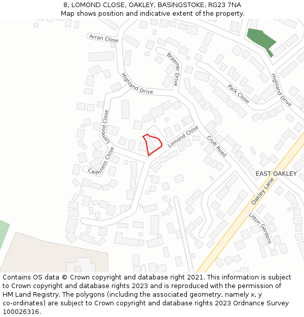 8, LOMOND CLOSE, OAKLEY, BASINGSTOKE, RG23 7NA: Location map and indicative extent of plot