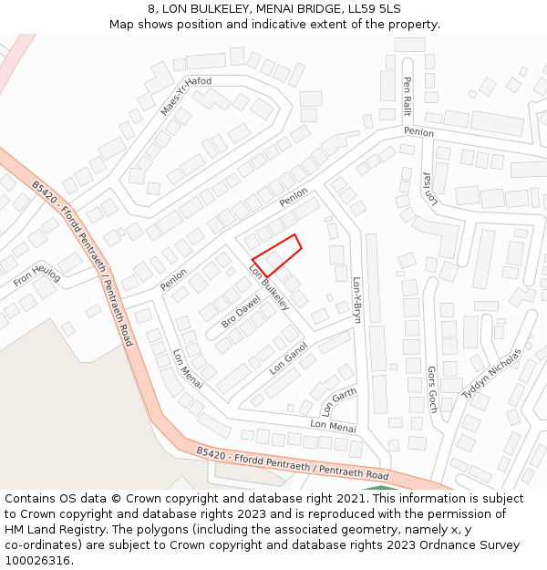 8, LON BULKELEY, MENAI BRIDGE, LL59 5LS: Location map and indicative extent of plot