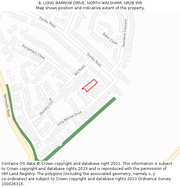8, LONG BARROW DRIVE, NORTH WALSHAM, NR28 9YA: Location map and indicative extent of plot