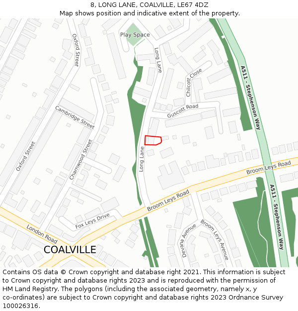 8, LONG LANE, COALVILLE, LE67 4DZ: Location map and indicative extent of plot