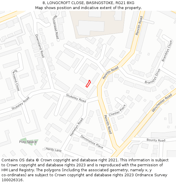 8, LONGCROFT CLOSE, BASINGSTOKE, RG21 8XG: Location map and indicative extent of plot