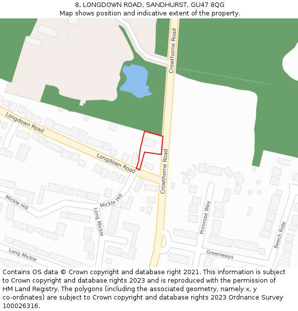 8, LONGDOWN ROAD, SANDHURST, GU47 8QG: Location map and indicative extent of plot