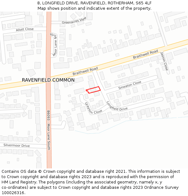 8, LONGFIELD DRIVE, RAVENFIELD, ROTHERHAM, S65 4LF: Location map and indicative extent of plot