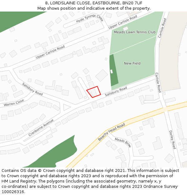 8, LORDSLAINE CLOSE, EASTBOURNE, BN20 7UF: Location map and indicative extent of plot