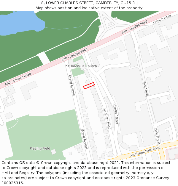 8, LOWER CHARLES STREET, CAMBERLEY, GU15 3LJ: Location map and indicative extent of plot