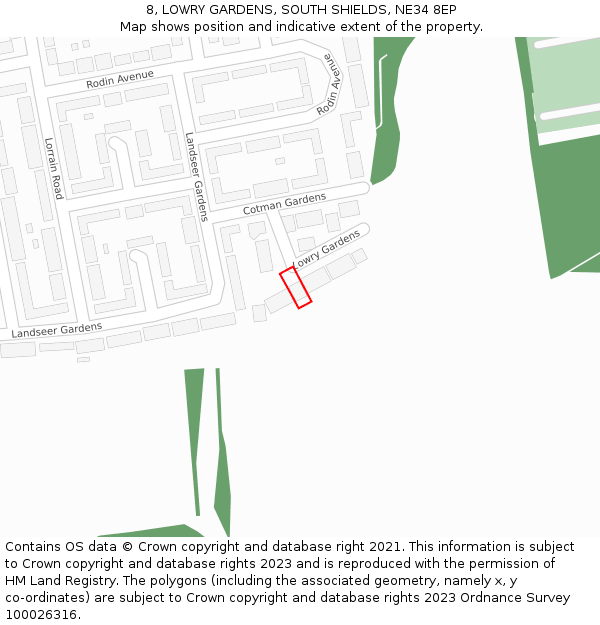 8, LOWRY GARDENS, SOUTH SHIELDS, NE34 8EP: Location map and indicative extent of plot