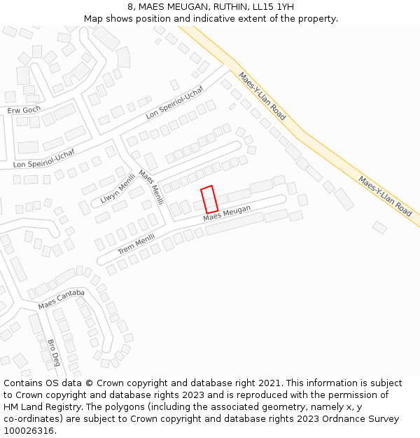 8, MAES MEUGAN, RUTHIN, LL15 1YH: Location map and indicative extent of plot