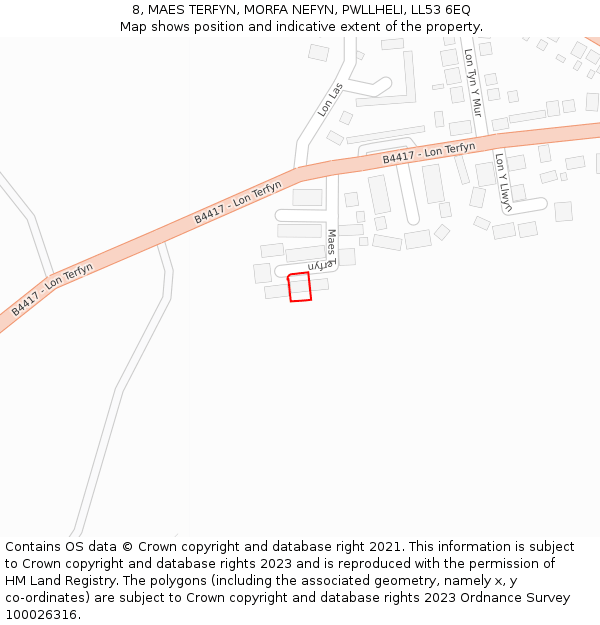 8, MAES TERFYN, MORFA NEFYN, PWLLHELI, LL53 6EQ: Location map and indicative extent of plot