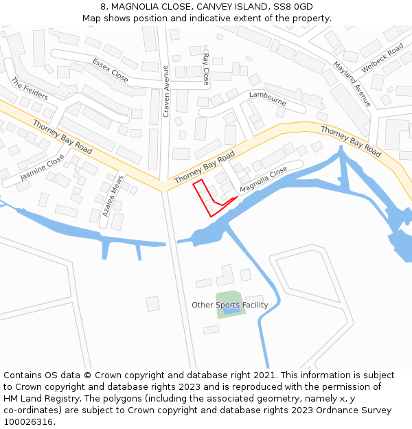 8, MAGNOLIA CLOSE, CANVEY ISLAND, SS8 0GD: Location map and indicative extent of plot