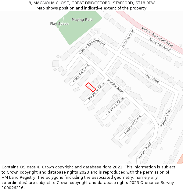 8, MAGNOLIA CLOSE, GREAT BRIDGEFORD, STAFFORD, ST18 9PW: Location map and indicative extent of plot