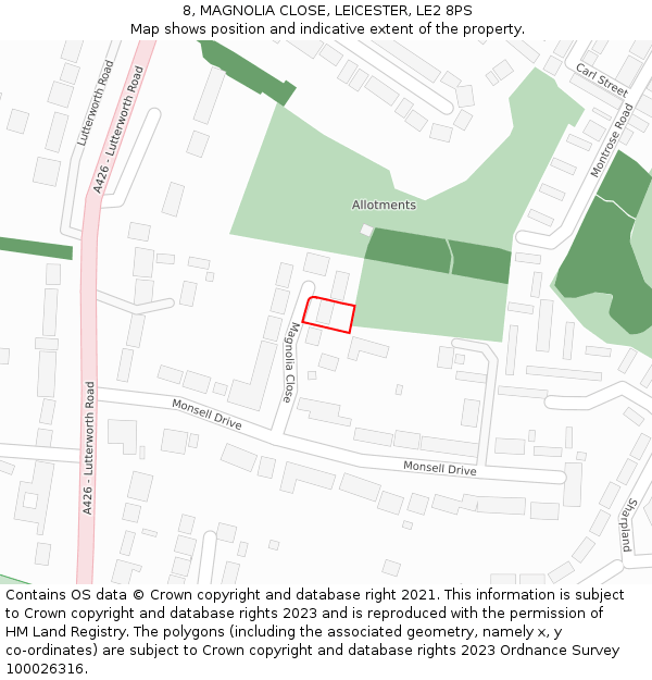 8, MAGNOLIA CLOSE, LEICESTER, LE2 8PS: Location map and indicative extent of plot