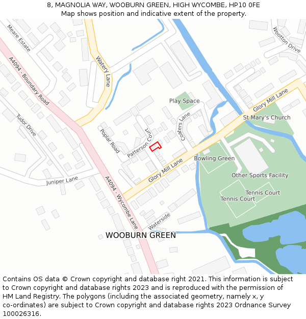 8, MAGNOLIA WAY, WOOBURN GREEN, HIGH WYCOMBE, HP10 0FE: Location map and indicative extent of plot