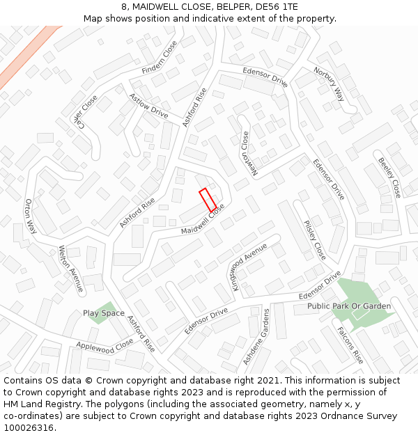 8, MAIDWELL CLOSE, BELPER, DE56 1TE: Location map and indicative extent of plot