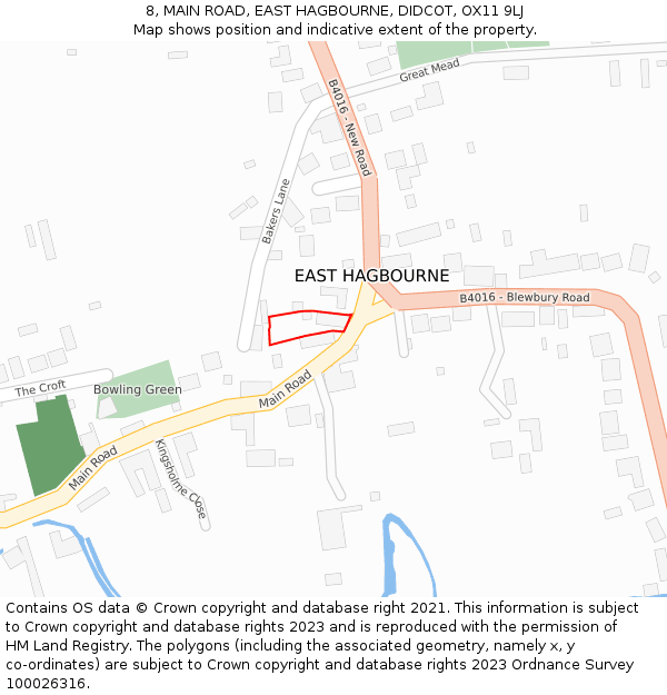 8, MAIN ROAD, EAST HAGBOURNE, DIDCOT, OX11 9LJ: Location map and indicative extent of plot