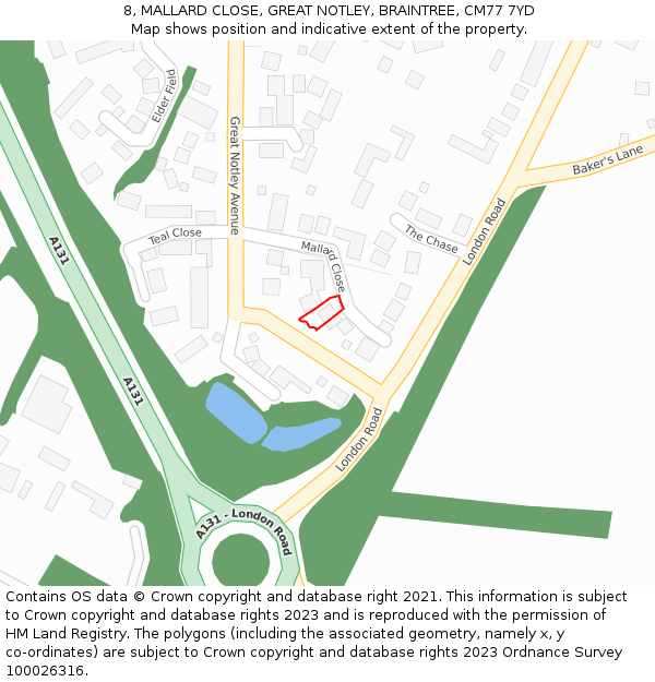 8, MALLARD CLOSE, GREAT NOTLEY, BRAINTREE, CM77 7YD: Location map and indicative extent of plot