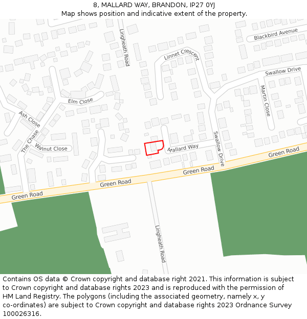 8, MALLARD WAY, BRANDON, IP27 0YJ: Location map and indicative extent of plot