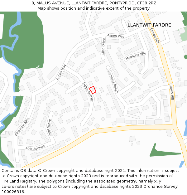 8, MALUS AVENUE, LLANTWIT FARDRE, PONTYPRIDD, CF38 2PZ: Location map and indicative extent of plot