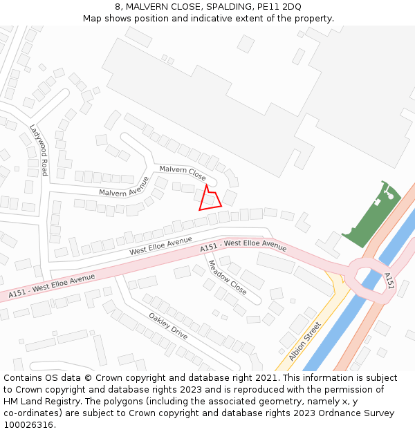 8, MALVERN CLOSE, SPALDING, PE11 2DQ: Location map and indicative extent of plot