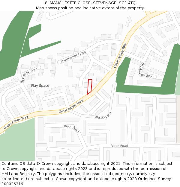 8, MANCHESTER CLOSE, STEVENAGE, SG1 4TQ: Location map and indicative extent of plot