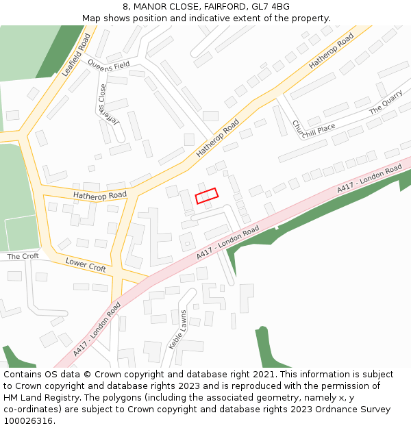 8, MANOR CLOSE, FAIRFORD, GL7 4BG: Location map and indicative extent of plot