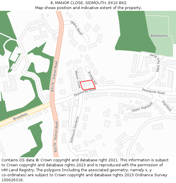 8, MANOR CLOSE, SIDMOUTH, EX10 8XG: Location map and indicative extent of plot