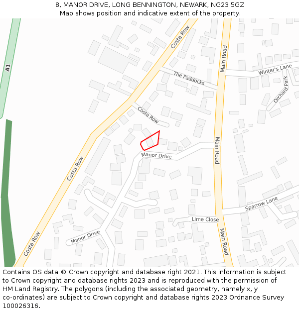 8, MANOR DRIVE, LONG BENNINGTON, NEWARK, NG23 5GZ: Location map and indicative extent of plot