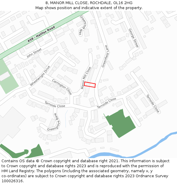 8, MANOR MILL CLOSE, ROCHDALE, OL16 2HG: Location map and indicative extent of plot